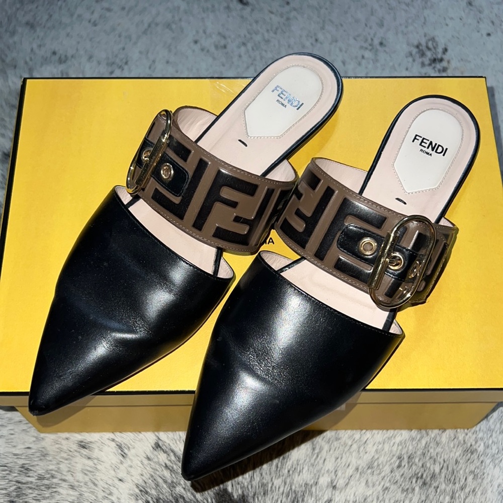 Fendi Black Buckle Mule Brown Ff Logo Leather Pointed Ballerina Ballet flats